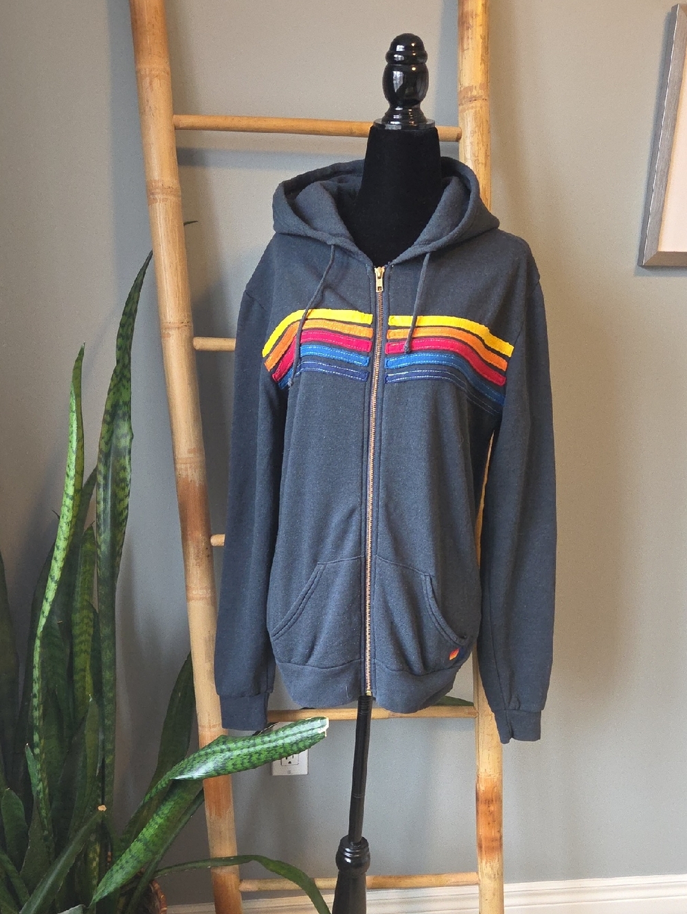 Aviator Nation Charcoal Zip Hoodie with Rainbow Stripe Accents
